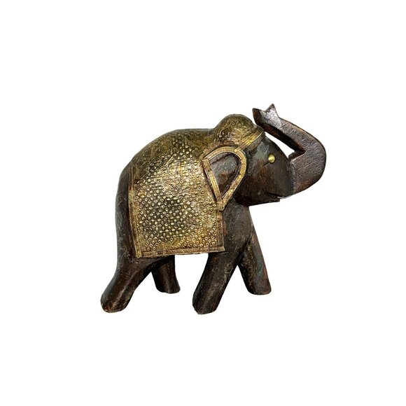 Hand Carved Wooden Elephant Brass Metal blanket Nails for Tusks Brass Metal Eyes - Picture 9 of 11